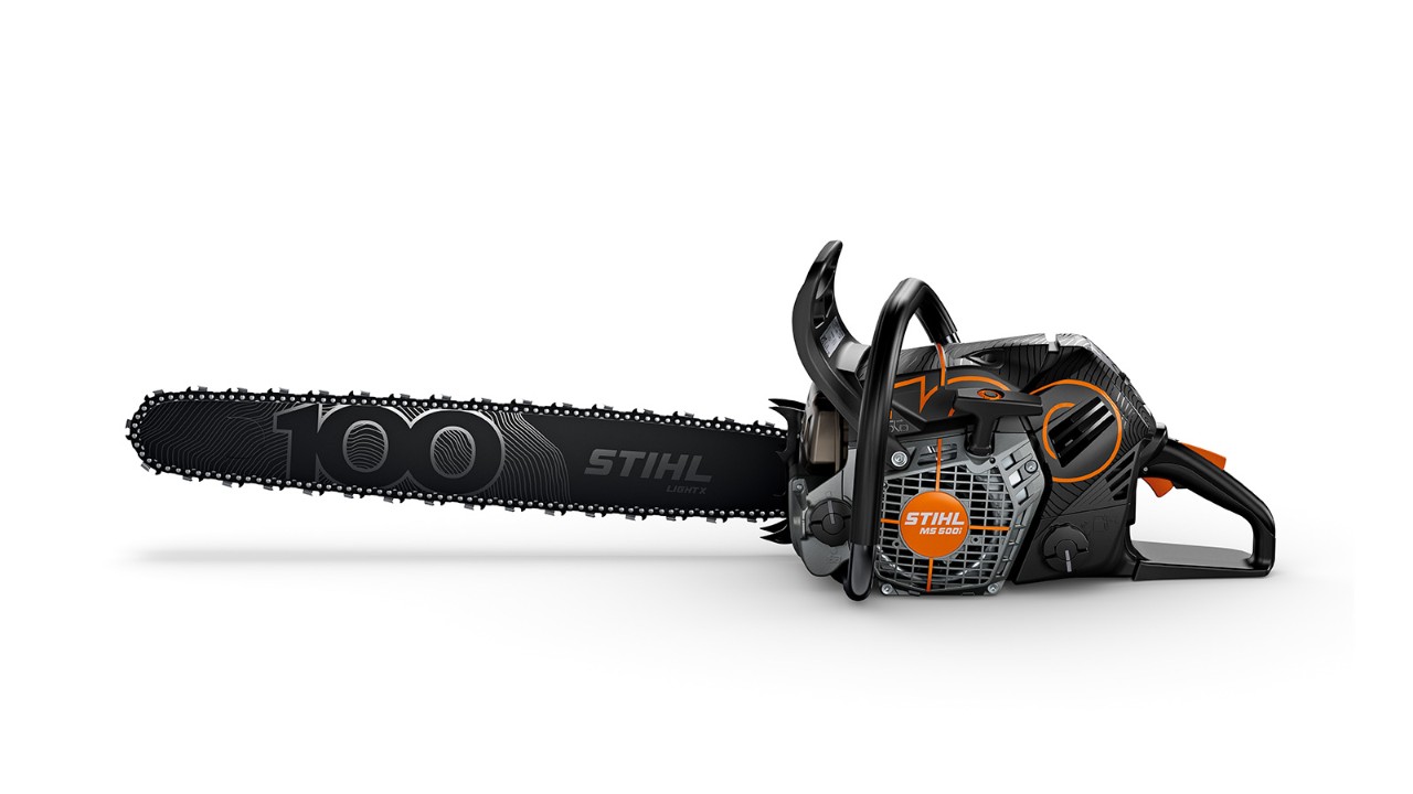 Верижен трион STIHL MS 500i Centennial Edition, страничен изглед отляво