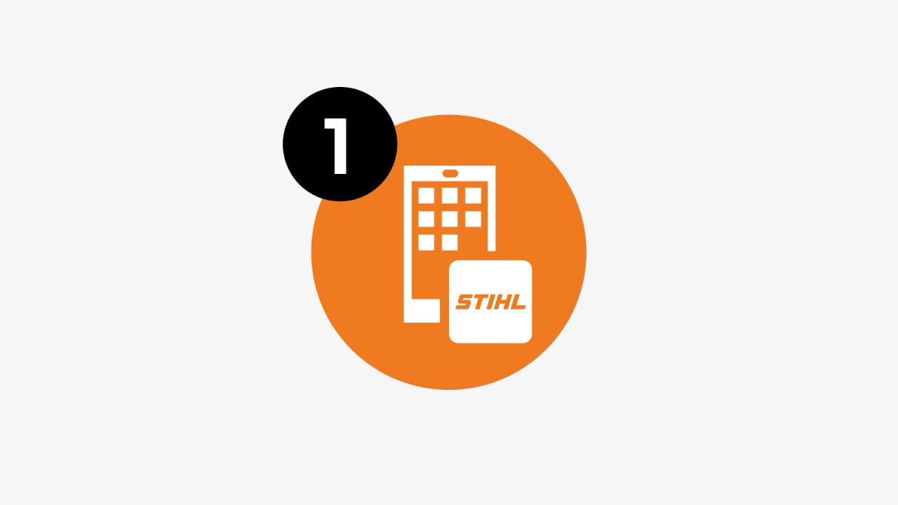 Икона на смартфон, показващ приложението MY STIHL, обозначена с номер 1.