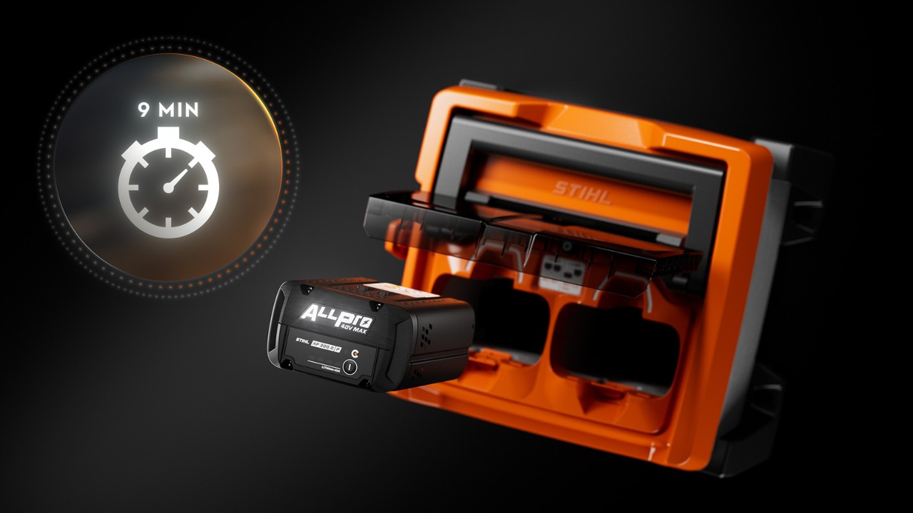 Бързозарядно устройство ALLPRO Battery System с поставени батерии, което позволява бързо зареждане само за 9 минути.