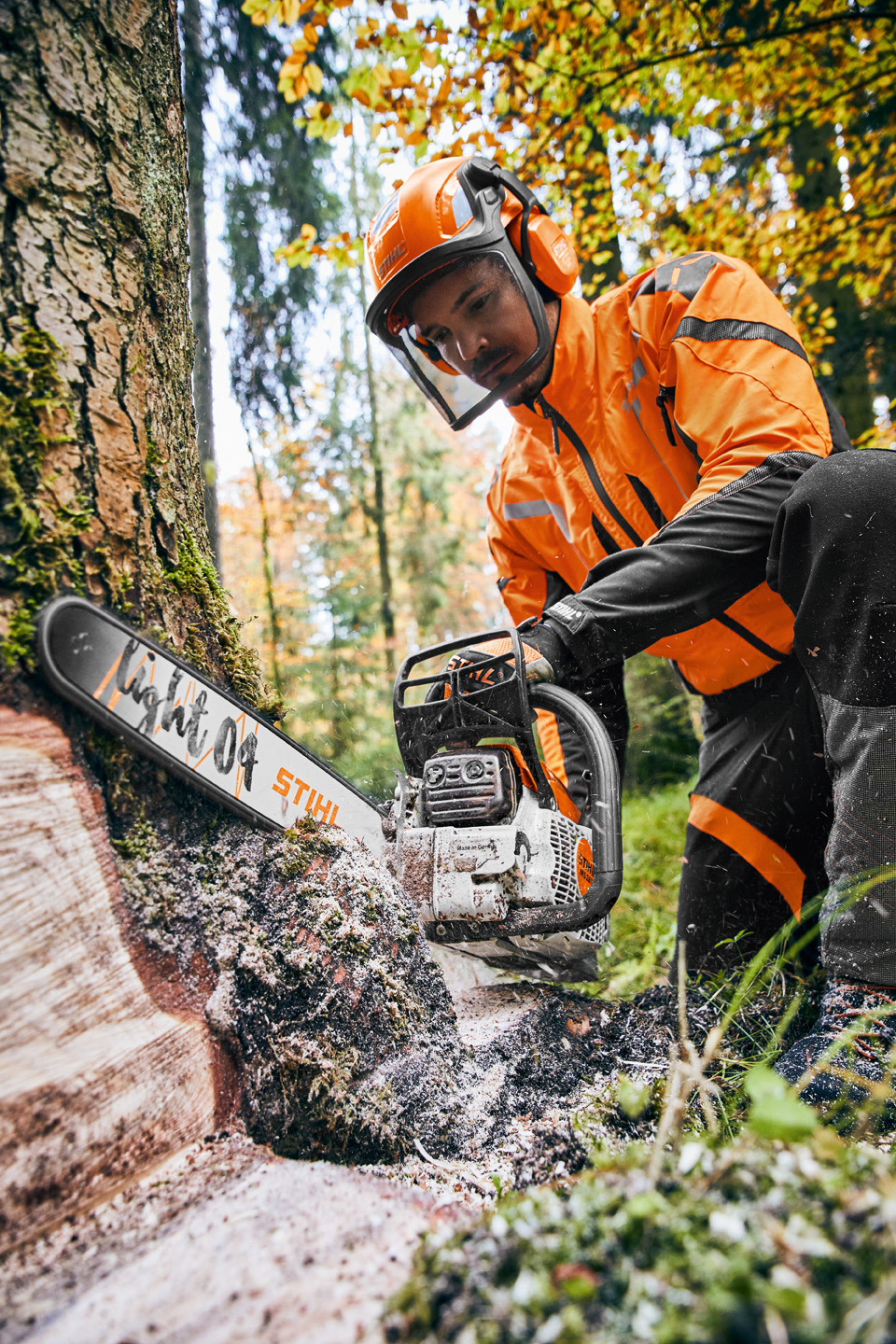 Човек с бензинов верижен трион STIHL MS 261 C-M с водеща шина Light 04 реже ствол на дърво